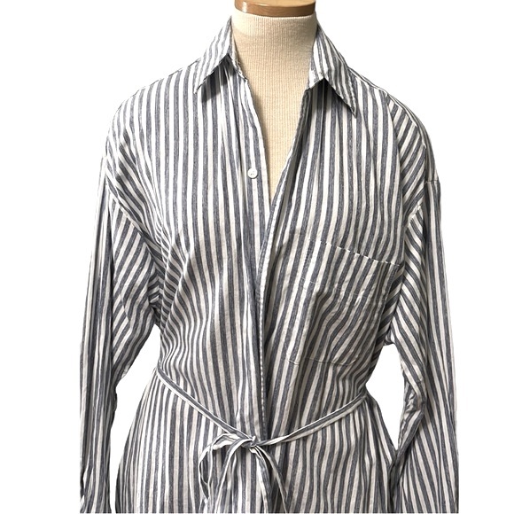 Vince Striped Belted Midi Shirt Dress, Blue/White, XL - Picture 9 of 13